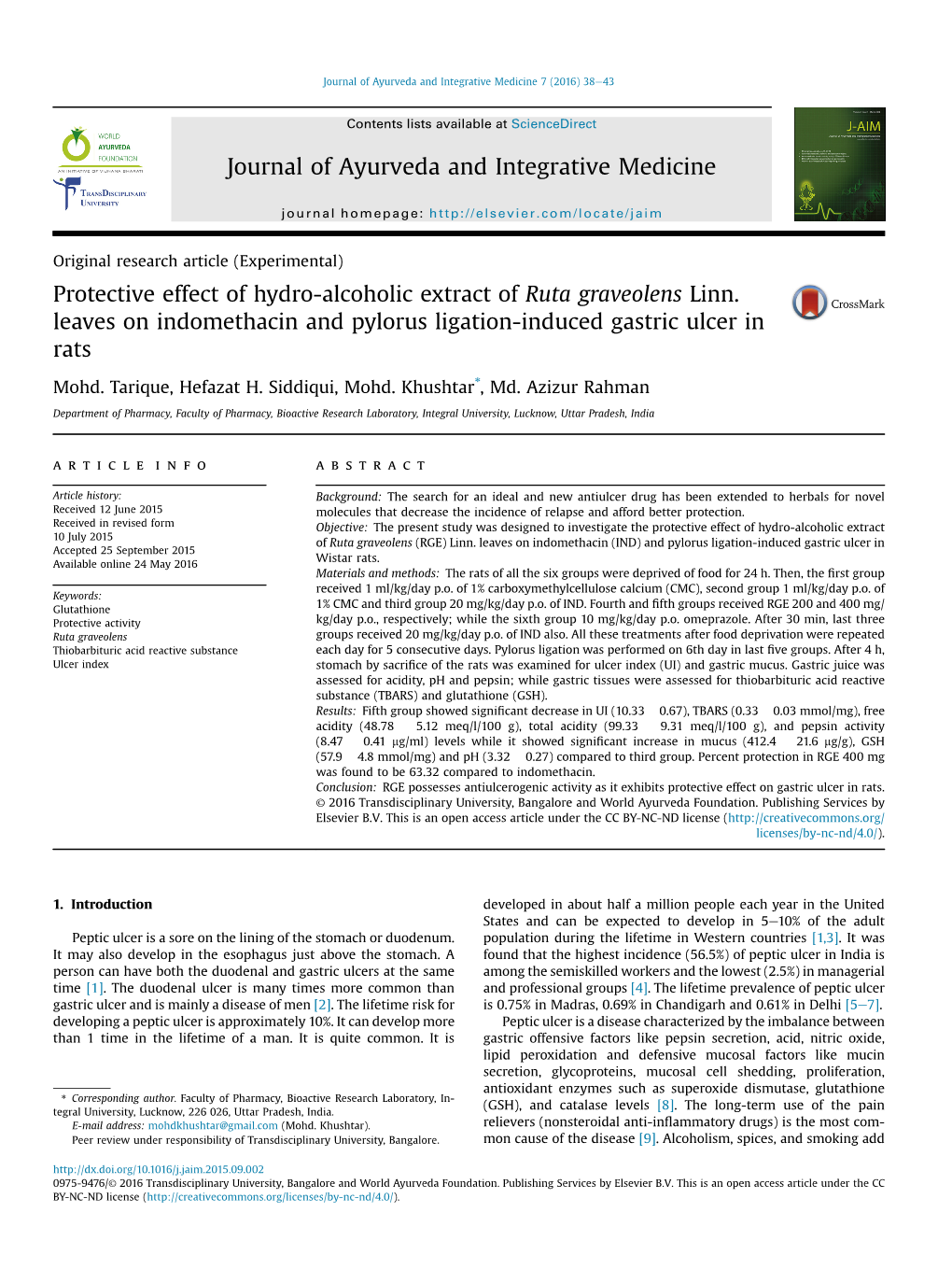 Protective Effect of Hydro-Alcoholic Extract of Ruta Graveolens Linn