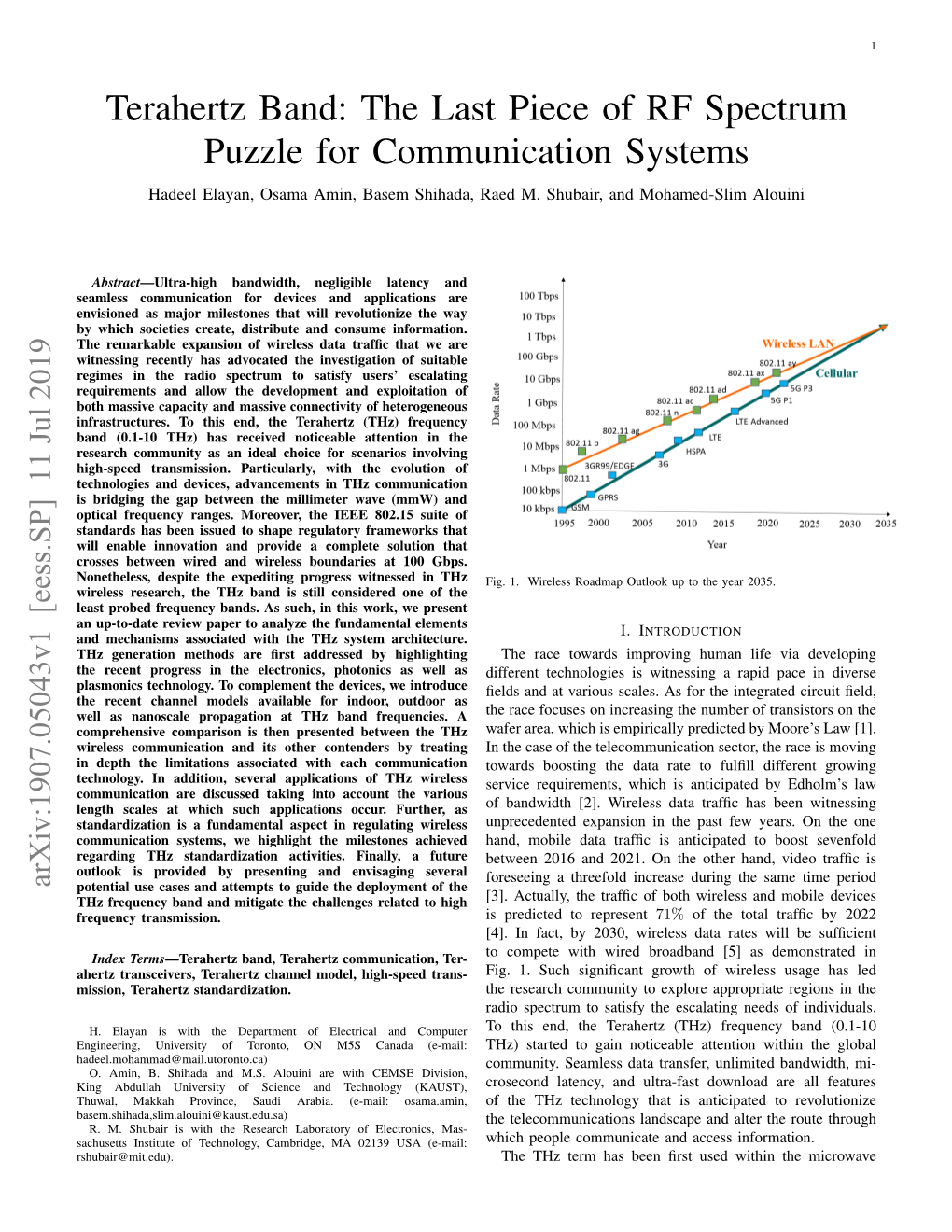 Terahertz Band: the Last Piece of RF Spectrum Puzzle for Communication Systems Hadeel Elayan, Osama Amin, Basem Shihada, Raed M