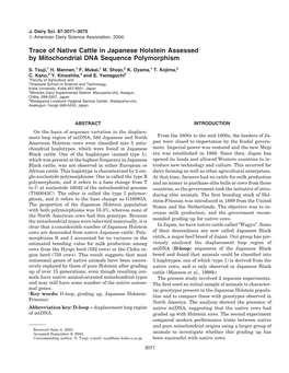 Trace of Native Cattle in Japanese Holstein Assessed by Mitochondrial DNA Sequence Polymorphism