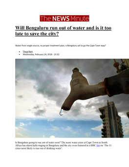 Will Bengaluru Run out of Water and Is It Too Late to Save the City?