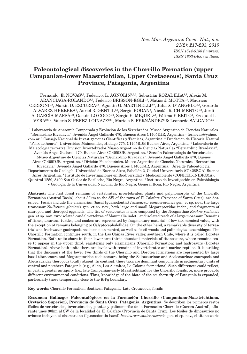 Paleontological Discoveries in the Chorrillo Formation (Upper Campanian-Lower Maastrichtian, Upper Cretaceous), Santa Cruz Province, Patagonia, Argentina