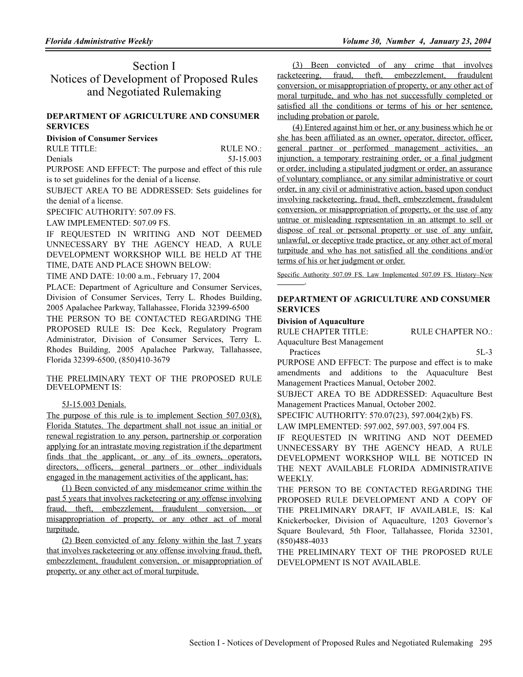 Section I Notices of Development of Proposed Rules and Negotiated