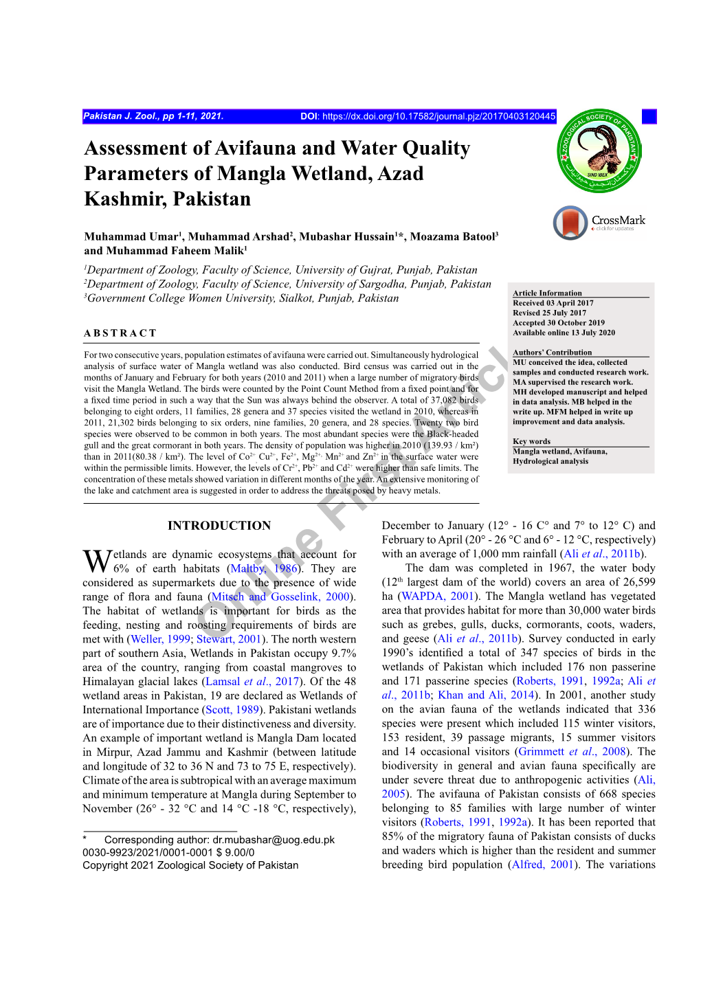Assessment of Avifauna and Water Quality Parameters of Mangla Wetland, Azad Kashmir, Pakistan