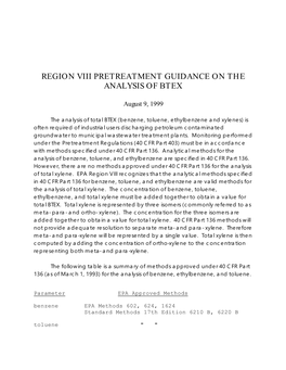 Region Viii Pretreatment Guidance on the Analysis of Btex