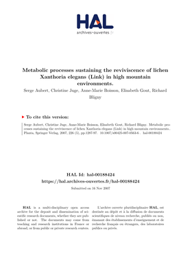 Metabolic Processes Sustaining the Reviviscence of Lichen Xanthoria Elegans (Link) in High Mountain Environments