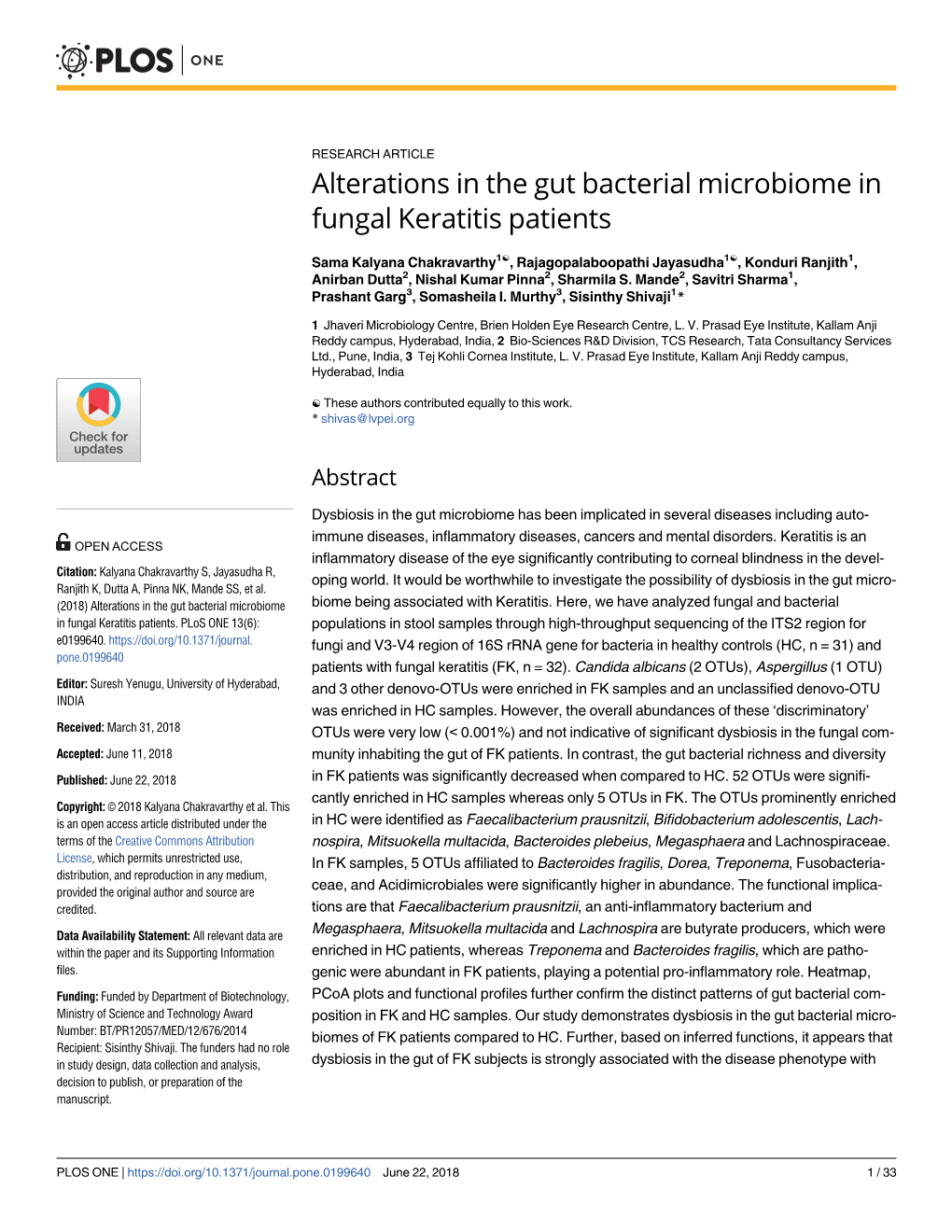 Alterations in the Gut Bacterial Microbiome in Fungal Keratitis Patients