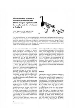The Relationship Between an Increasing Barnacle Goose Branta Leucopsis Population and the Number and Size of Colonies in Svalbard
