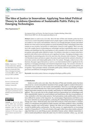 The Idea of Justice in Innovation: Applying Non-Ideal Political Theory to Address Questions of Sustainable Public Policy in Emerging Technologies