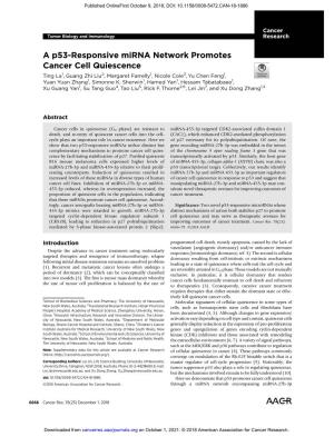 A P53-Responsive Mirna Network Promotes Cancer Cell Quiescence Ting La1, Guang Zhi Liu2, Margaret Farrelly1, Nicole Cole3, Yu Chen Feng1, Yuan Yuan Zhang1, Simonne K