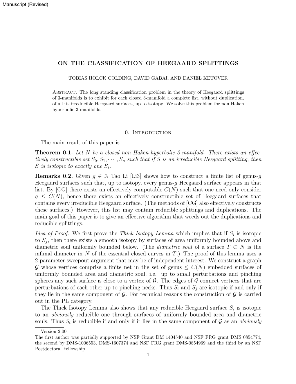 On the Classification of Heegaard Splittings
