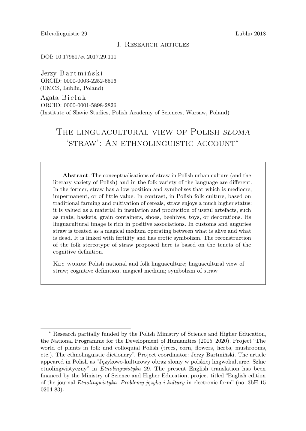 The Linguacultural View of Polish Słoma 'Straw': an Ethnolinguistic Account