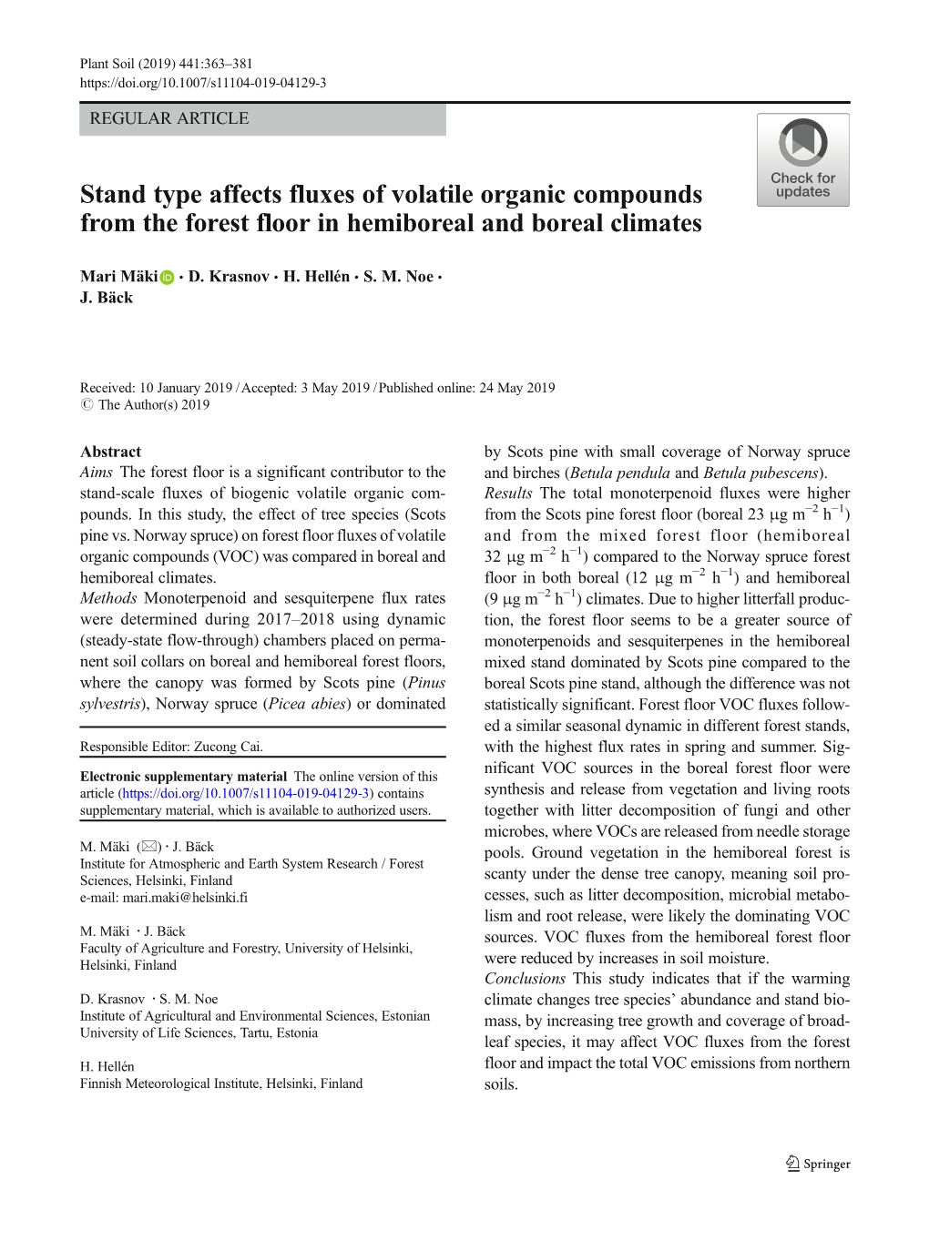 Stand Type Affects Fluxes of Volatile Organic Compounds from the Forest Floor in Hemiboreal and Boreal Climates