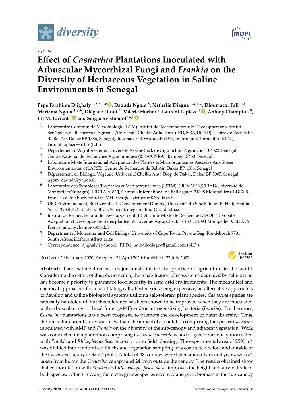 Effect of Casuarina Plantations Inoculated with Arbuscular Mycorrhizal Fungi and Frankia on the Diversity of Herbaceous Vegetati