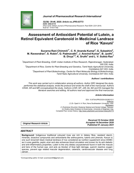 Assessment of Antioxidant Potential of Lutein, a Retinol Equivalent Carotenoid in Medicinal Landrace of Rice ‘Kavuni’