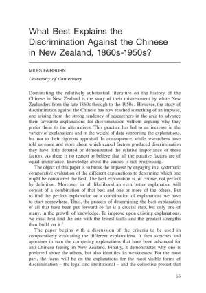 What Best Explains the Discrimination Against the Chinese in New Zealand, 1860S-1950S?