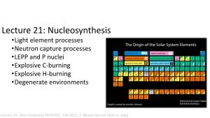 Nucleosynthesis •Light Element Processes •Neutron Capture Processes •LEPP and P Nuclei •Explosive C-Burning •Explosive H-Burning •Degenerate Environments