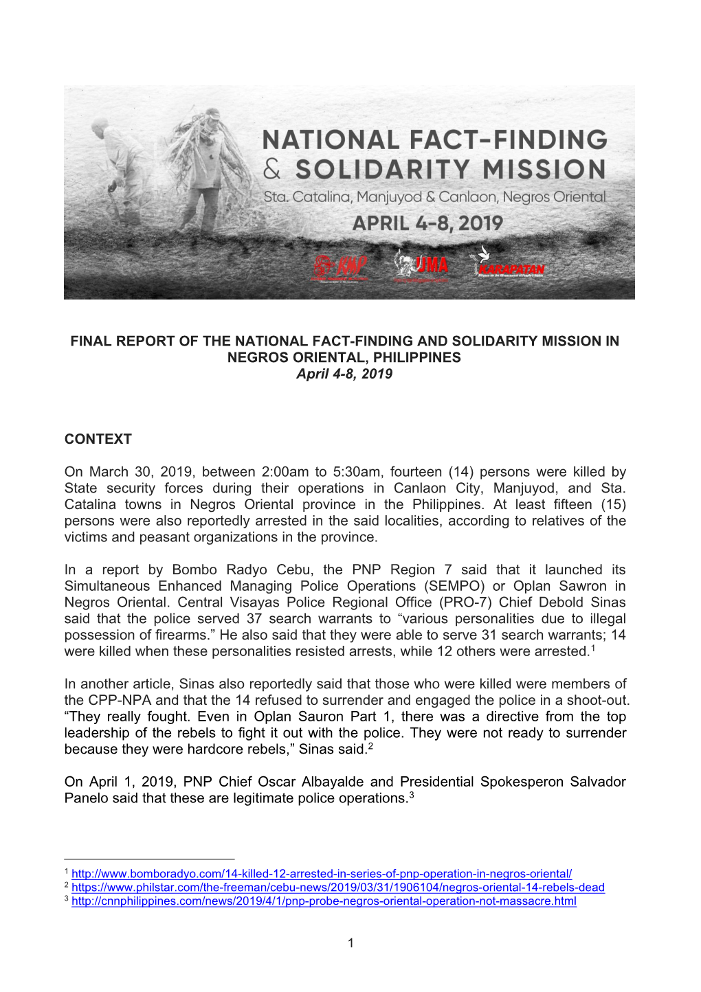 FINAL REPORT of the NATIONAL FACT-FINDING and SOLIDARITY MISSION in NEGROS ORIENTAL, PHILIPPINES April 4-8, 2019