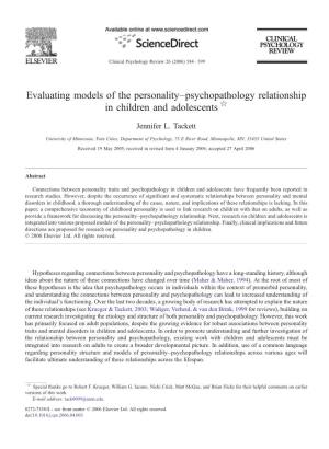 Evaluating Models of the Personality–Psychopathology Relationship in Children and Adolescents ☆