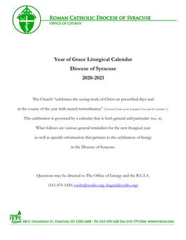 Year of Grace Liturgical Calendar 2020 2021 for the Diocese of Syracuse