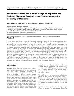 Technical Aspects and Clinical Usage of Keplerian and Galilean Binocular Surgical Loupe Telescopes Used in Dentistry Or Medicine