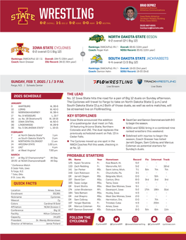 WRESTLING Jacobson Athletic Building Ames, Iowa 50011 6-2 OVERALL 1-1 BIG 12 5-2 HOME 0-0 AWAY 1-0 NEUTRAL (515) 867-8331 Bwdeprez@Iastate.Edu