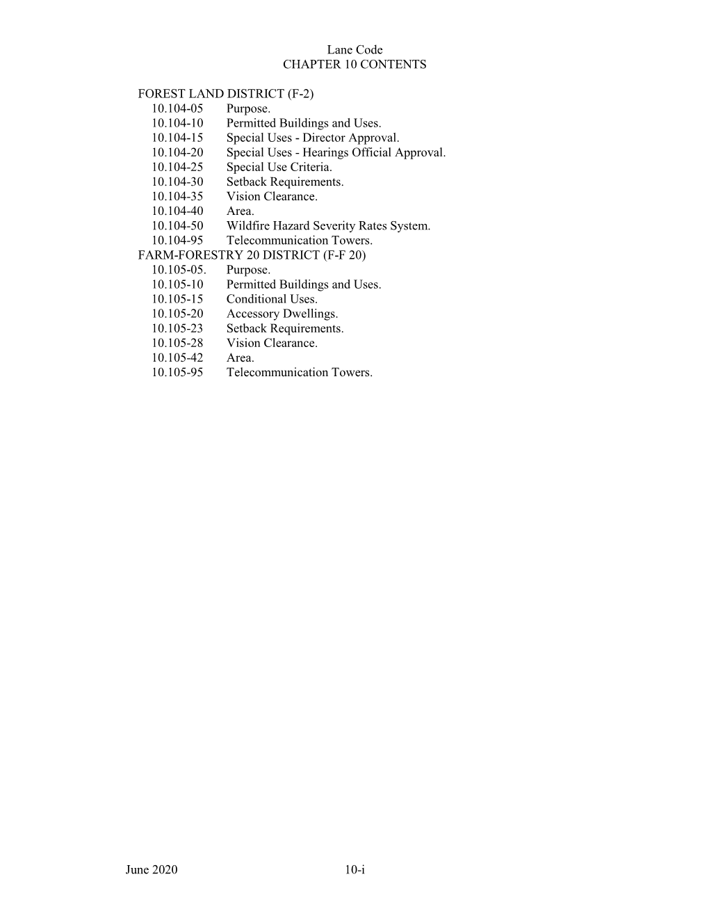 Lane Code CHAPTER 10 CONTENTS June 2020 10-I