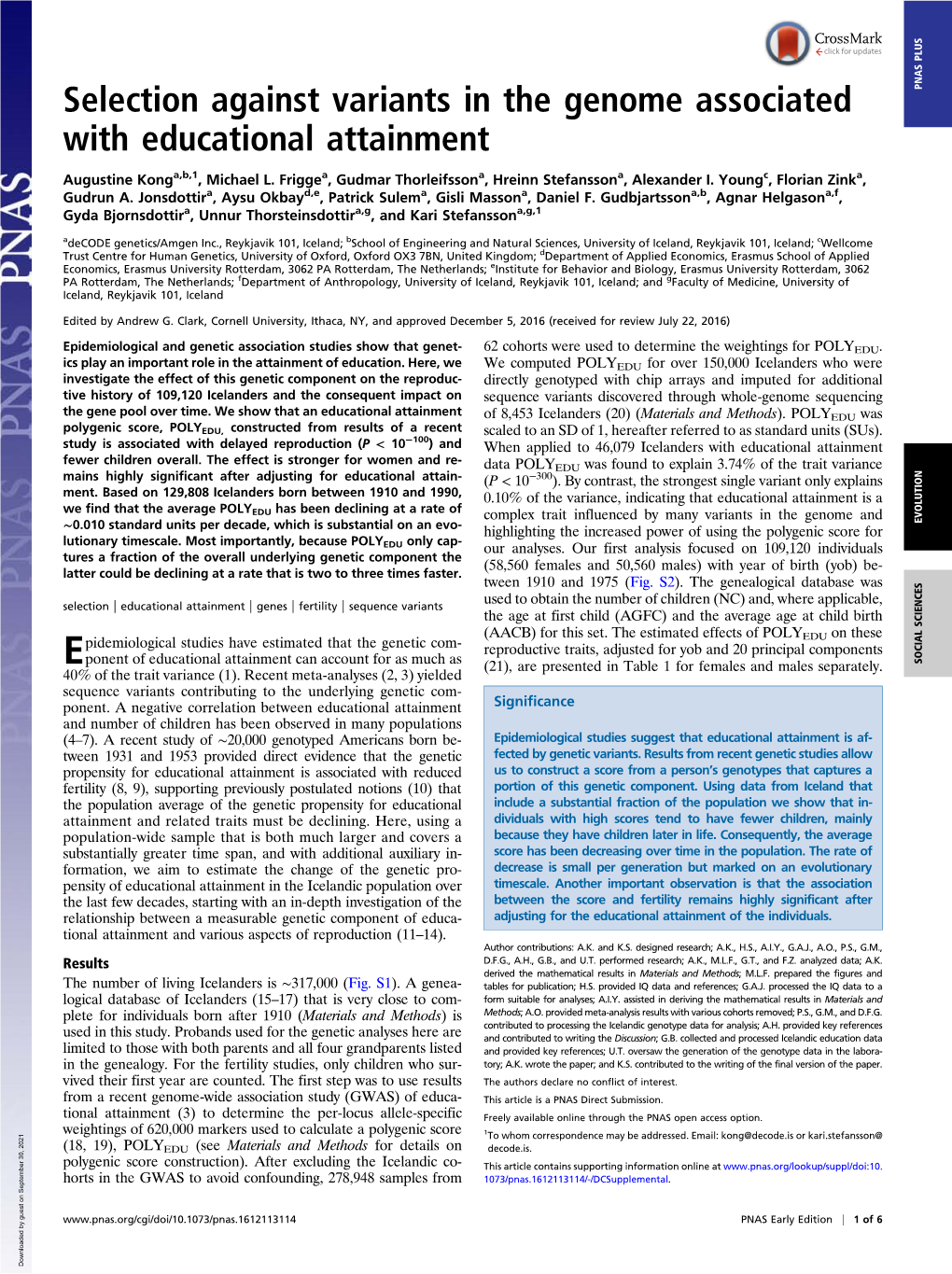 Selection Against Variants in the Genome Associated PNAS PLUS with Educational Attainment