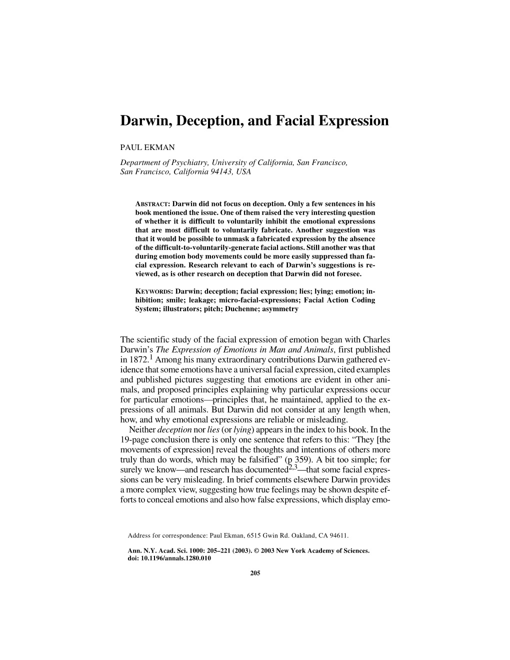 Darwin, Deception, and Facial Expression