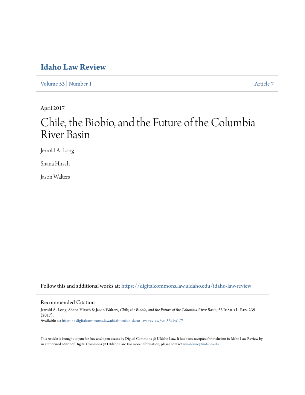 Chile, the Biobío, and the Future of the Columbia River Basin Jerrold A