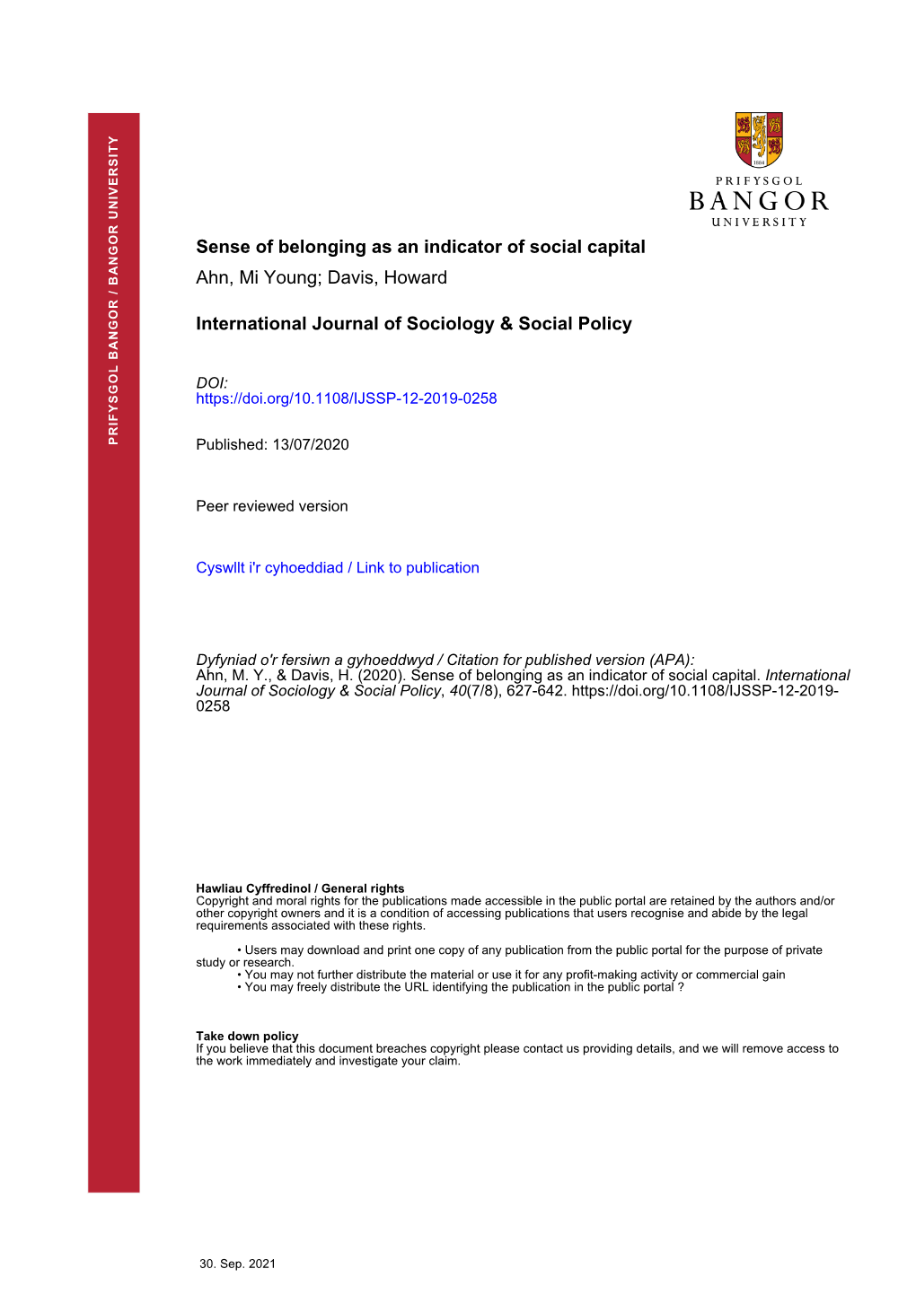 Sense of Belonging As an Indicator of Social Capital Ahn, Mi Young