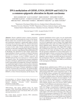 DNA Methylation of GHSR, GNG4, HOXD9 and SALL3 Is a Common Epigenetic Alteration in Thymic Carcinoma