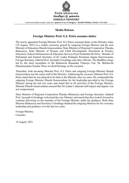 Media Release Foreign Minister Prof. G.L Peiris Assumes Duties