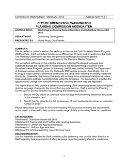 CITY of BREMERTON, WASHINGTON PLANNING COMMISSION AGENDA ITEM AGENDA TITLE: Workshop to Discuss Nonconformities and Substitute Senate Bill 5451