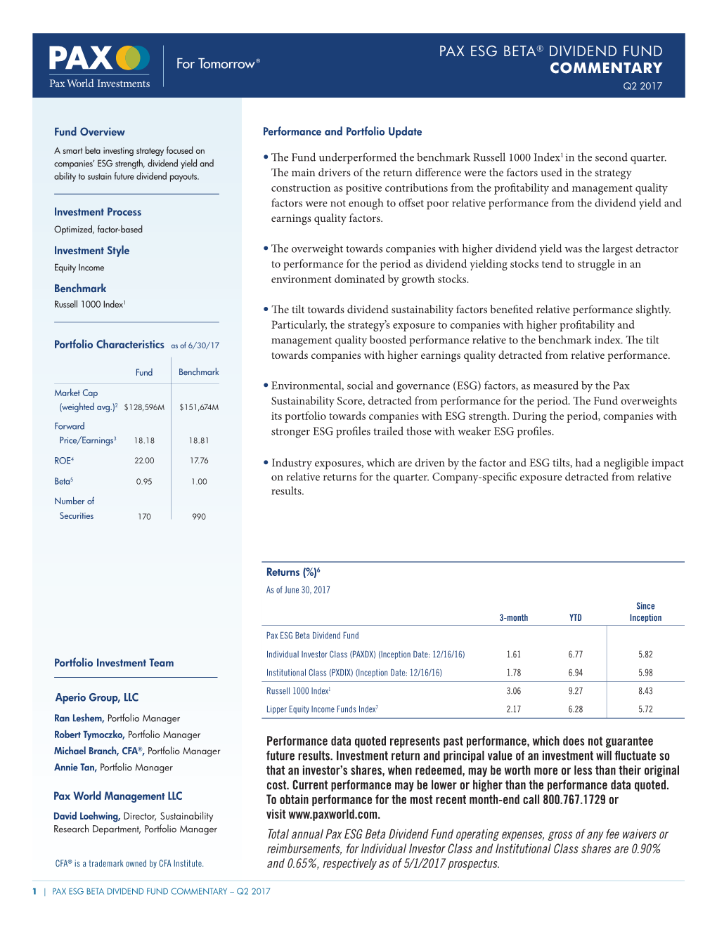 Pax Esg Beta® Dividend Fund Commentary Q2 2017