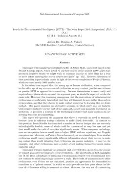 Search for Extraterrestrial Intelligence (SETI) - the Next Steps (34Th Symposium) (IAA.1.1) (A4.) SETI I - Technical Aspects (1.)