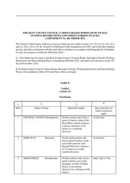 THE KENT COUNTY COUNCIL (VARIOUS ROADS, BOROUGH of SWALE) (WAITING RESTRICTIONS and STREET PARKING PLACES) (AMENDMENT No