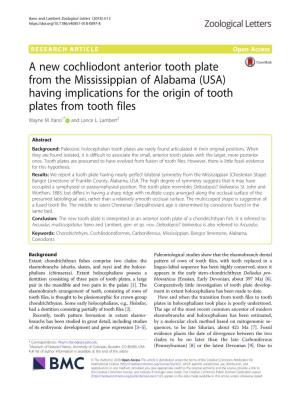 A New Cochliodont Anterior Tooth Plate from the Mississippian of Alabama (USA) Having Implications for the Origin of Tooth Plates from Tooth Files Wayne M