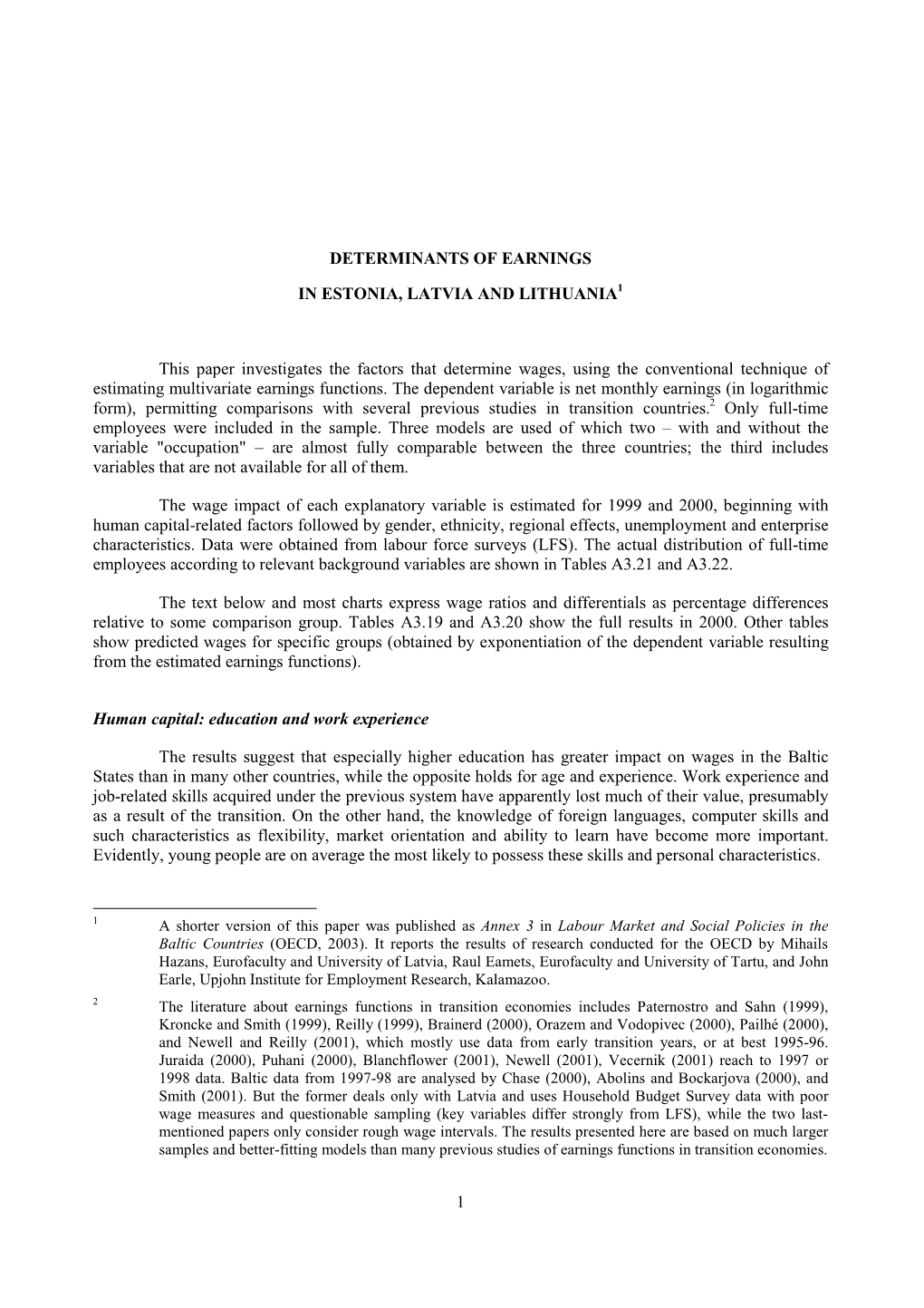 1 Determinants of Earnings in Estonia, Latvia And