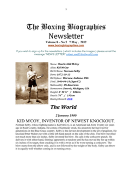 The Boxing Biographies Newsletter Volume 8 – No 5 7 May , 2012