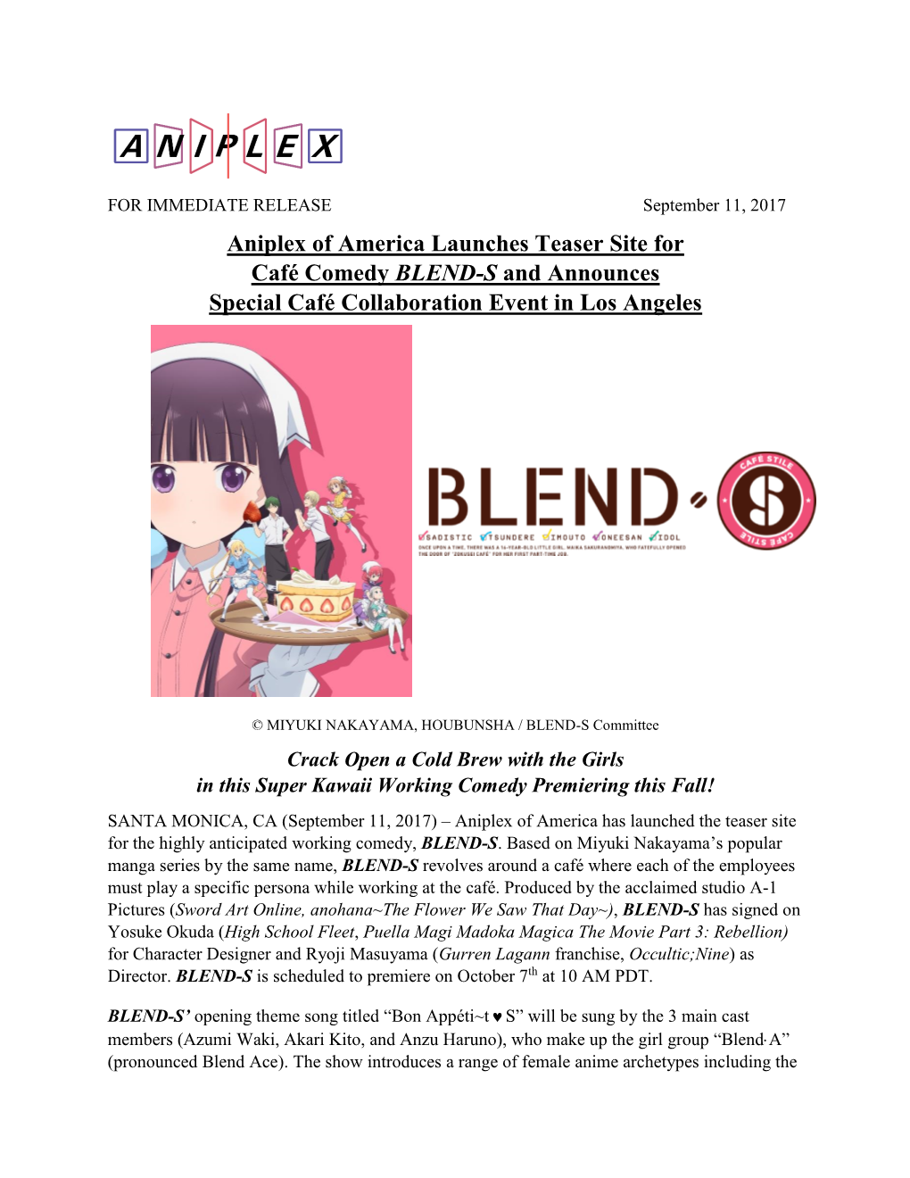 Aniplex of America Launches Teaser Site for Café Comedy BLEND-S and Announces Special Café Collaboration Event in Los Angeles