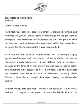 THE BIRTH of HARD ROCK 1964-9 Charles Shaar Murray Hard Rock