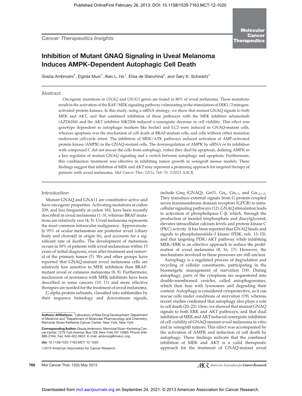 Inhibition of Mutant GNAQ Signaling in Uveal Melanoma Induces AMPK-Dependent Autophagic Cell Death