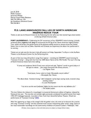 K.D. Lang Announces Fall Leg of North American Ingénue