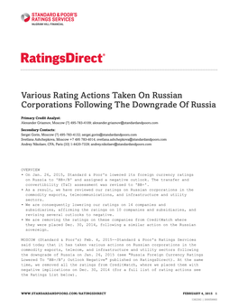 Various Rating Actions Taken on Russian Corporations Following the Downgrade of Russia