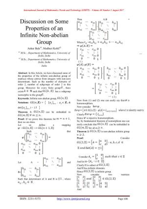 Discussion on Some Properties of an Infinite Non-Abelian Group