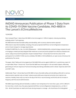 INOVIO Announces Publication of Phase 1 Data from Its COVID-19 DNA Vaccine Candidate, INO-4800 in the Lancet's Eclinicalmedicine