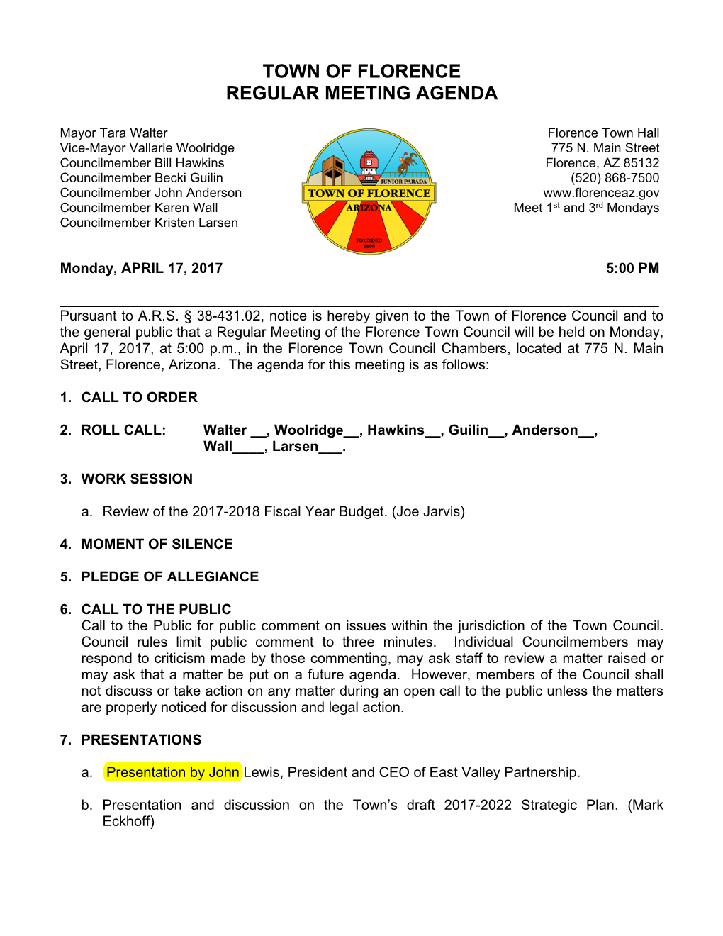 Town of Florence Regular Meeting Agenda