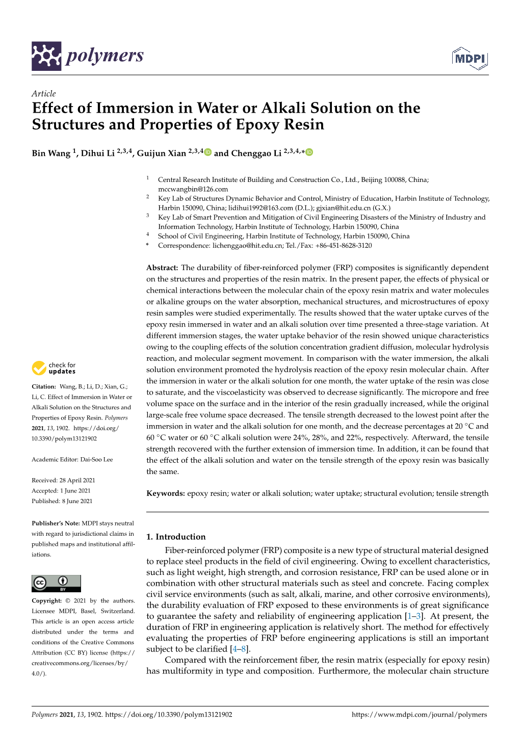 Effect of Immersion in Water Or Alkali Solution on the Structures and Properties of Epoxy Resin