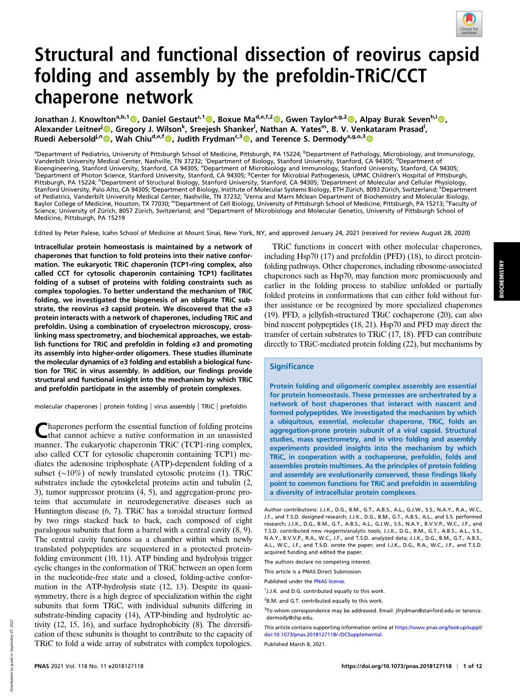 Structural and Functional Dissection of Reovirus Capsid Folding and Assembly by the Prefoldin-Tric/CCT Chaperone Network