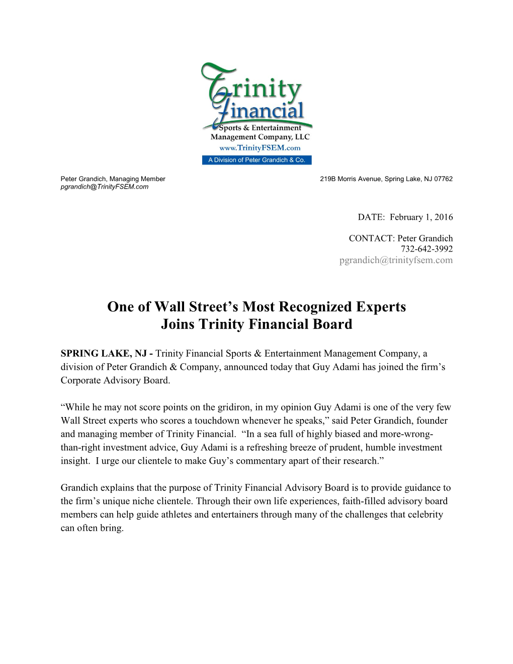 One of Wall Street's Most Recognized Experts Joins Trinity Financial Board